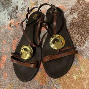 Brown Leather Sandals with Gold Accents